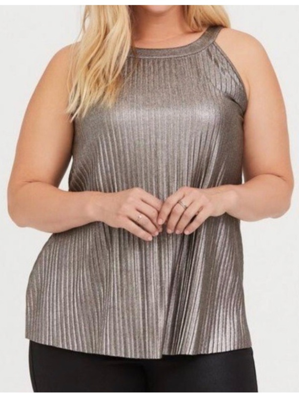 Torrid Metallic Knit Pleated High Neck Sleeveless Blouse Tank Top Gold 2X